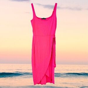 Bright Pink Midi Bodycon Faux Wrap Dress